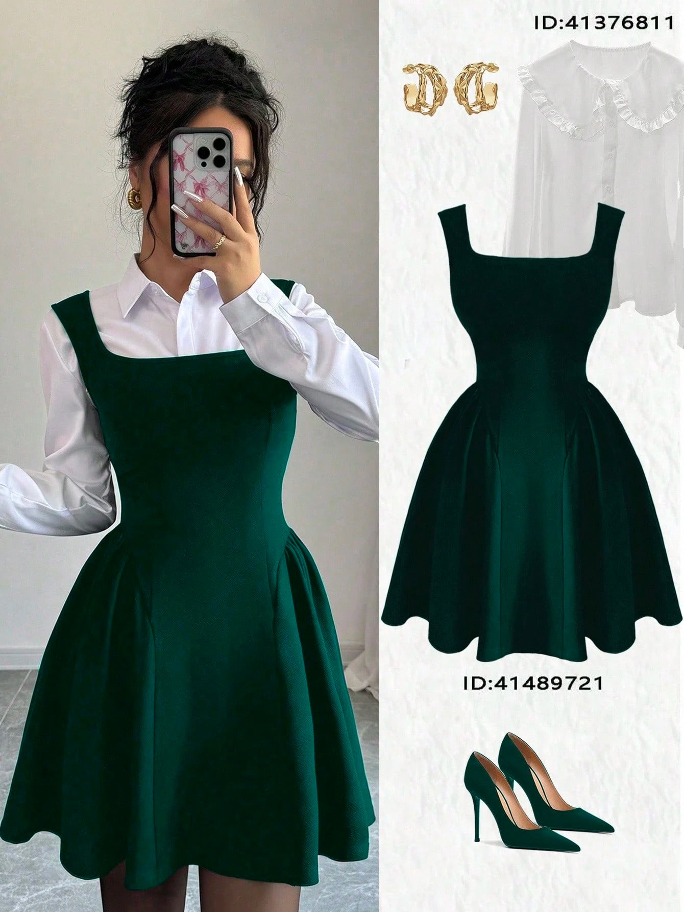 Elenzga Dark Green Winter 70s Square Neck Sleeveless A-Line Dress,Solid Ruched Hem Elastic Fabric Casual Slim Fit Waisted Flattering For Date,Party,Christmas