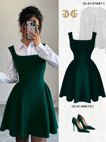 Elenzga Dark Green Winter 70s Square Neck Sleeveless A-Line Dress,Solid Ruched Hem Elastic Fabric Casual Slim Fit Waisted Flattering For Date,Party,Christmas