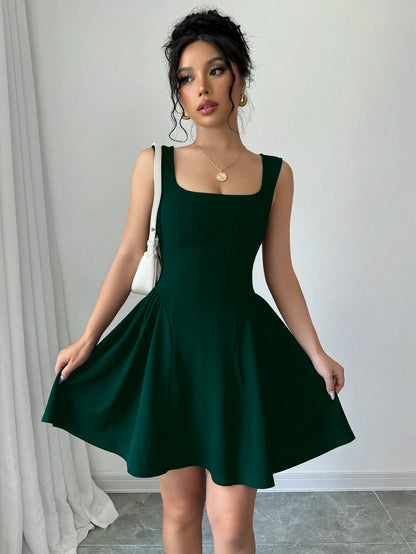 Elenzga Dark Green Winter 70s Square Neck Sleeveless A-Line Dress,Solid Ruched Hem Elastic Fabric Casual Slim Fit Waisted Flattering For Date,Party,Christmas
