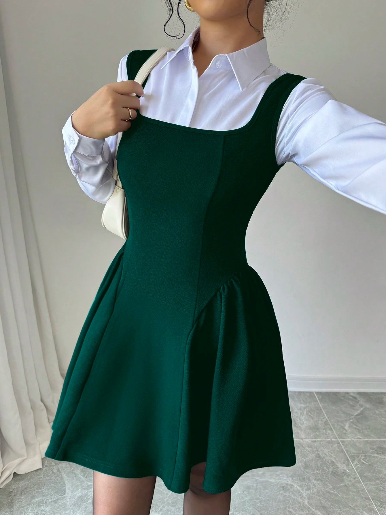 Elenzga Dark Green Winter 70s Square Neck Sleeveless A-Line Dress,Solid Ruched Hem Elastic Fabric Casual Slim Fit Waisted Flattering For Date,Party,Christmas