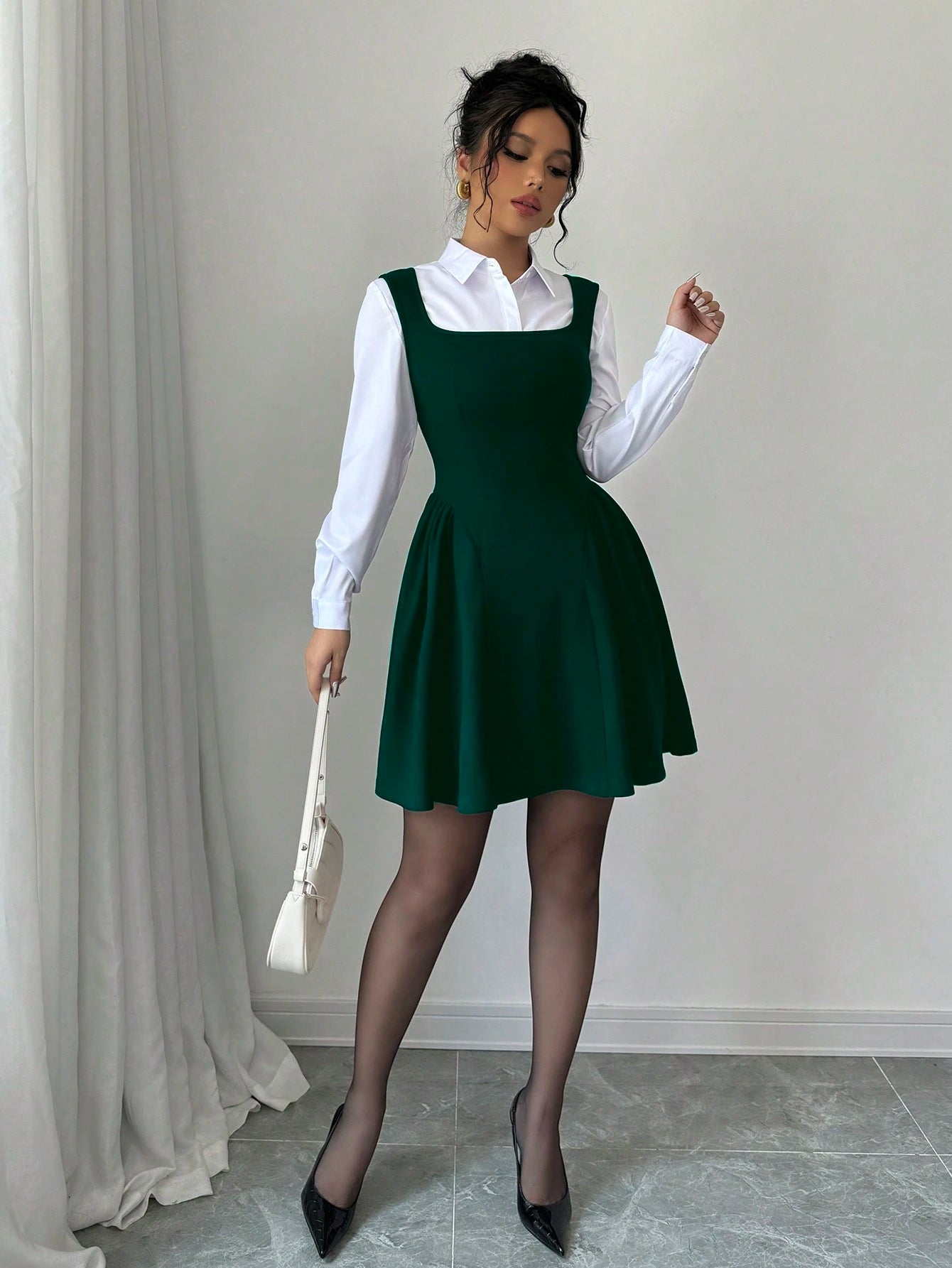 Elenzga Dark Green Winter 70s Square Neck Sleeveless A-Line Dress,Solid Ruched Hem Elastic Fabric Casual Slim Fit Waisted Flattering For Date,Party,Christmas