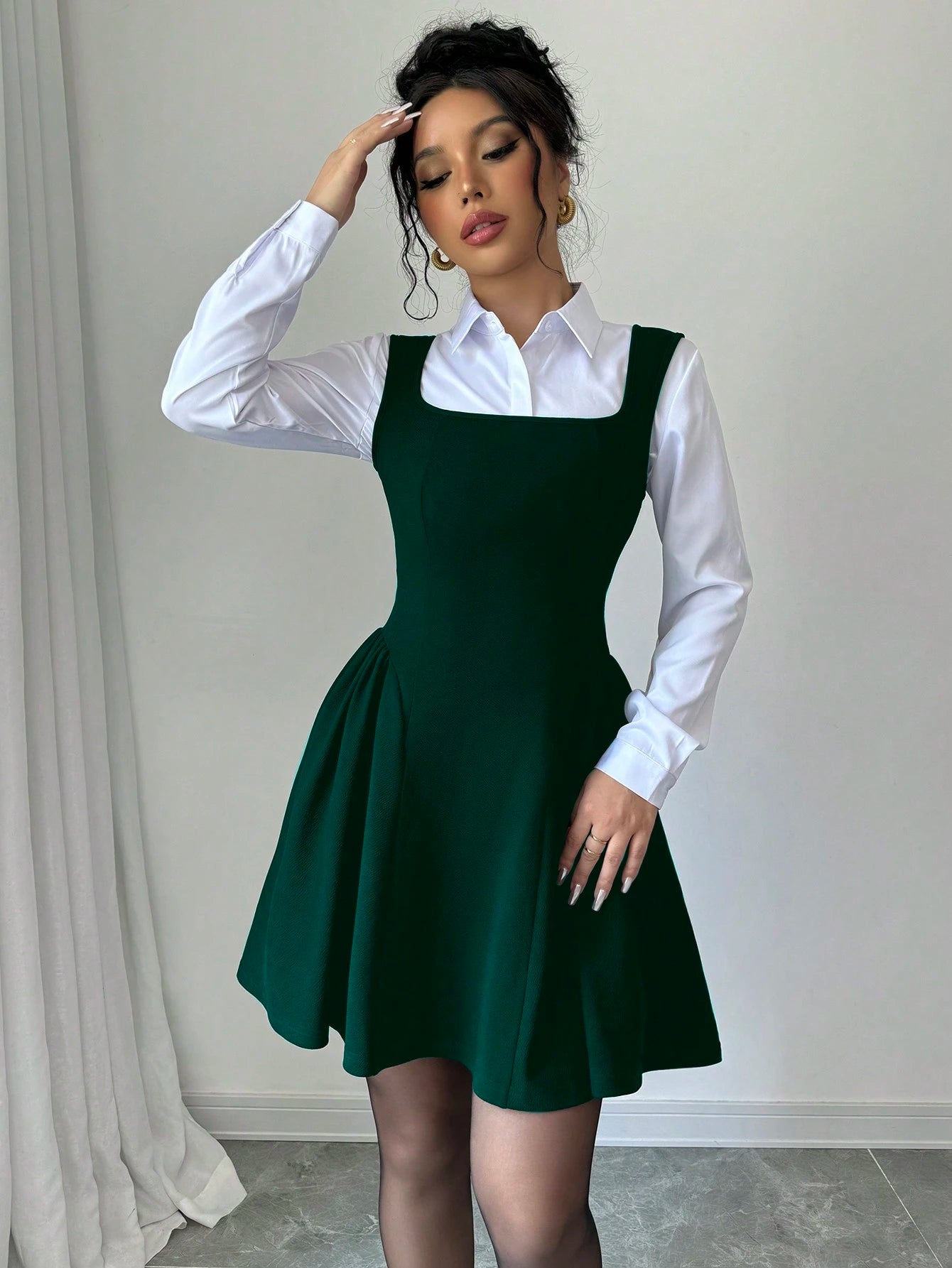 Elenzga Dark Green Winter 70s Square Neck Sleeveless A-Line Dress,Solid Ruched Hem Elastic Fabric Casual Slim Fit Waisted Flattering For Date,Party,Christmas