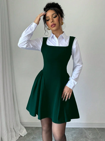 Elenzga Dark Green Winter 70s Square Neck Sleeveless A-Line Dress,Solid Ruched Hem Elastic Fabric Casual Slim Fit Waisted Flattering For Date,Party,Christmas