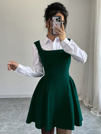 Elenzga Dark Green Winter 70s Square Neck Sleeveless A-Line Dress,Solid Ruched Hem Elastic Fabric Casual Slim Fit Waisted Flattering For Date,Party,Christmas
