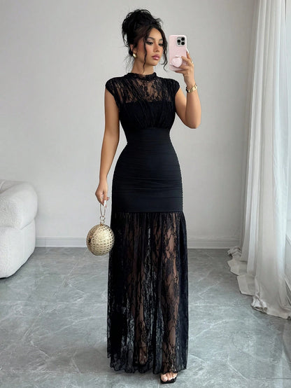 Elenzga Elegant Black Autumn Party Dress,High Collar Sleeveless Hollow Lace Patchwork Pleated A-Line Maxi Dress For Graduation,Holiday,Wedding Guest