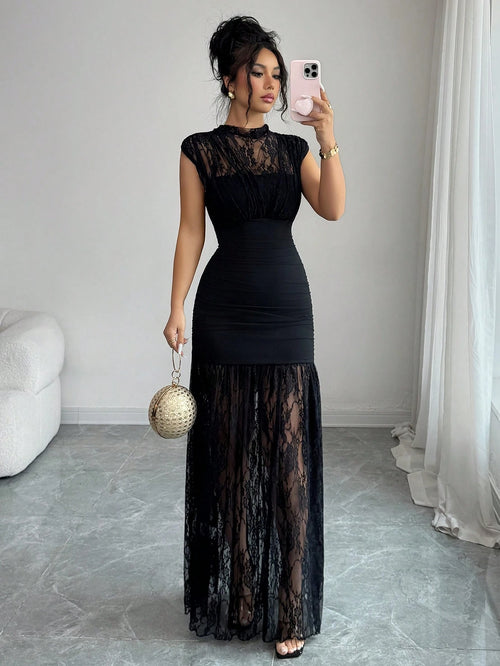 Elenzga Elegant Black Autumn Party Dress,High Collar Sleeveless Hollow Lace Patchwork Pleated A-Line Maxi Dress For Graduation,Holiday,Wedding Guest