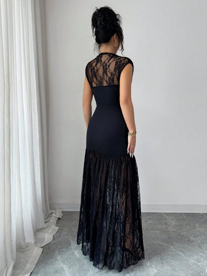 Elenzga Elegant Black Autumn Party Dress,High Collar Sleeveless Hollow Lace Patchwork Pleated A-Line Maxi Dress For Graduation,Holiday,Wedding Guest