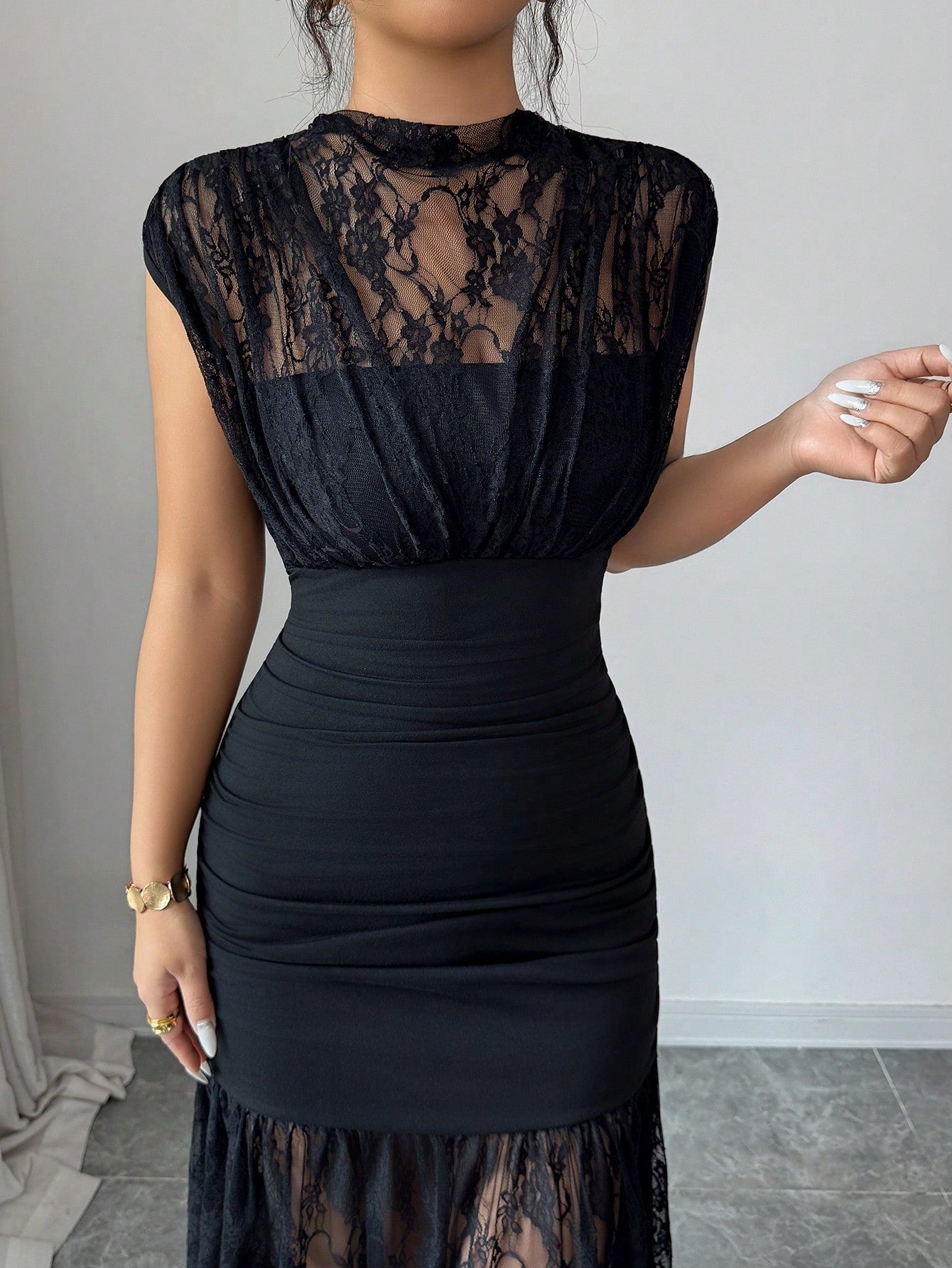 Elenzga Elegant Black Autumn Party Dress,High Collar Sleeveless Hollow Lace Patchwork Pleated A-Line Maxi Dress For Graduation,Holiday,Wedding Guest
