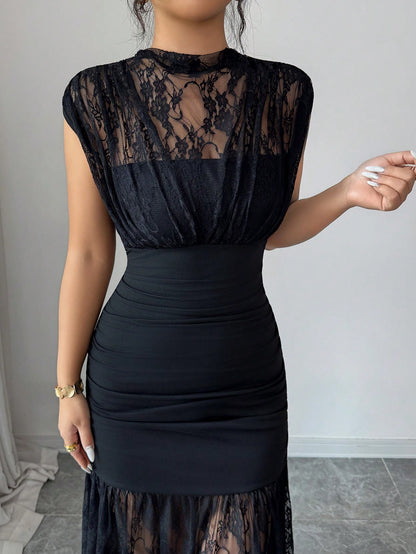 Elenzga Elegant Black Autumn Party Dress,High Collar Sleeveless Hollow Lace Patchwork Pleated A-Line Maxi Dress For Graduation,Holiday,Wedding Guest