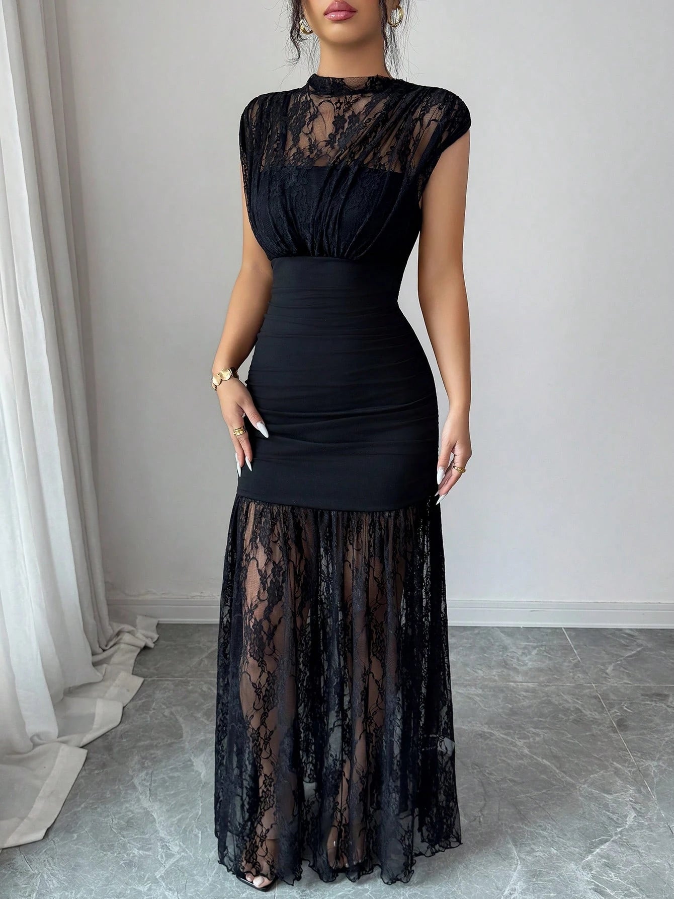 Elenzga Elegant Black Autumn Party Dress,High Collar Sleeveless Hollow Lace Patchwork Pleated A-Line Maxi Dress For Graduation,Holiday,Wedding Guest