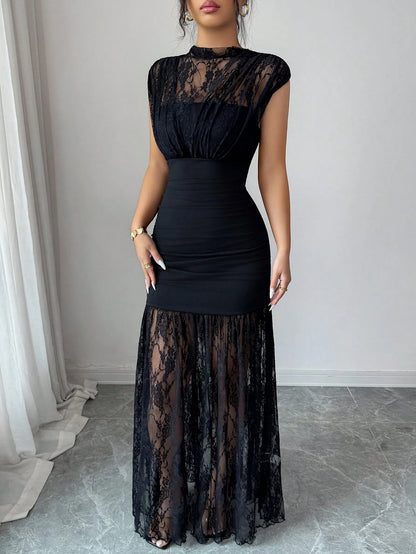Elenzga Elegant Black Autumn Party Dress,High Collar Sleeveless Hollow Lace Patchwork Pleated A-Line Maxi Dress For Graduation,Holiday,Wedding Guest