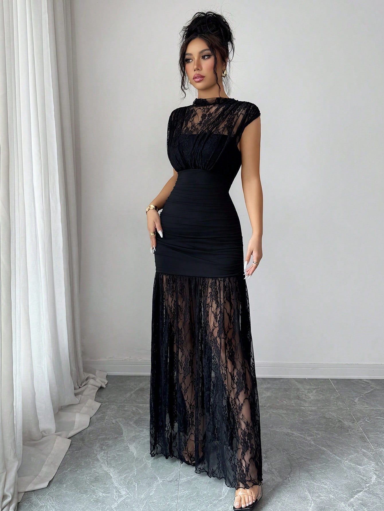 Elenzga Elegant Black Autumn Party Dress,High Collar Sleeveless Hollow Lace Patchwork Pleated A-Line Maxi Dress For Graduation,Holiday,Wedding Guest