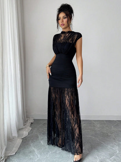 Elenzga Elegant Black Autumn Party Dress,High Collar Sleeveless Hollow Lace Patchwork Pleated A-Line Maxi Dress For Graduation,Holiday,Wedding Guest