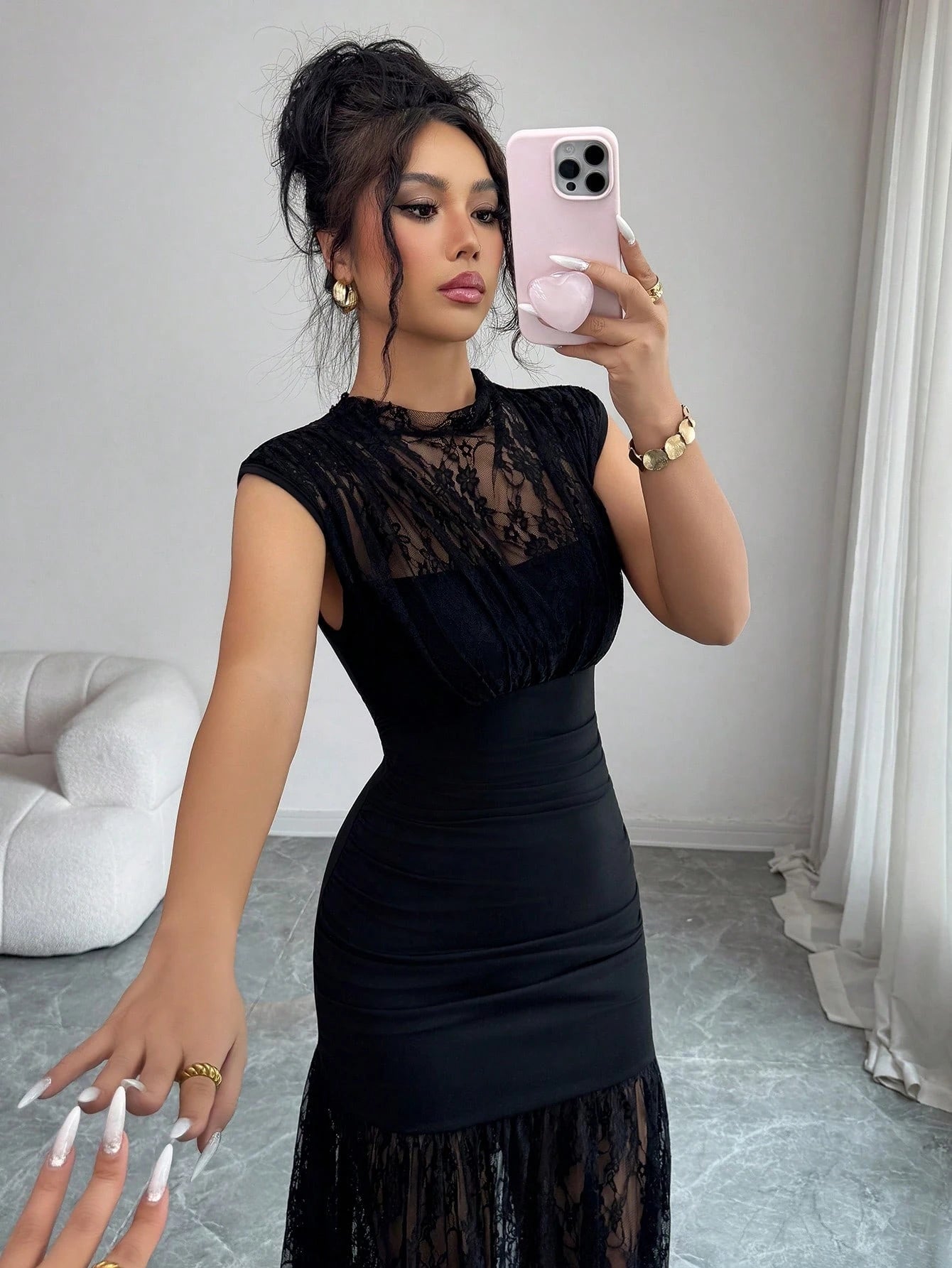 Elenzga Elegant Black Autumn Party Dress,High Collar Sleeveless Hollow Lace Patchwork Pleated A-Line Maxi Dress For Graduation,Holiday,Wedding Guest