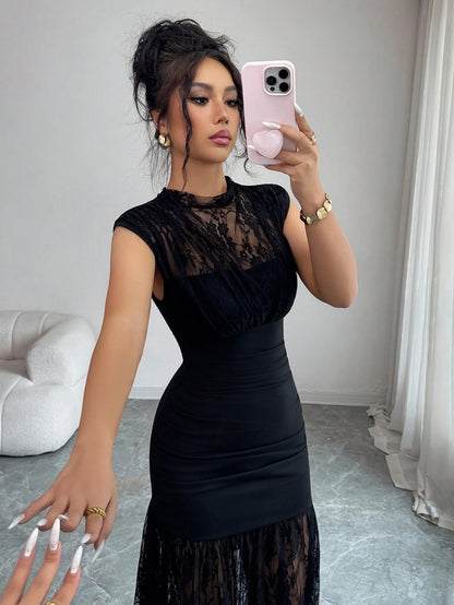 Elenzga Elegant Black Autumn Party Dress,High Collar Sleeveless Hollow Lace Patchwork Pleated A-Line Maxi Dress For Graduation,Holiday,Wedding Guest