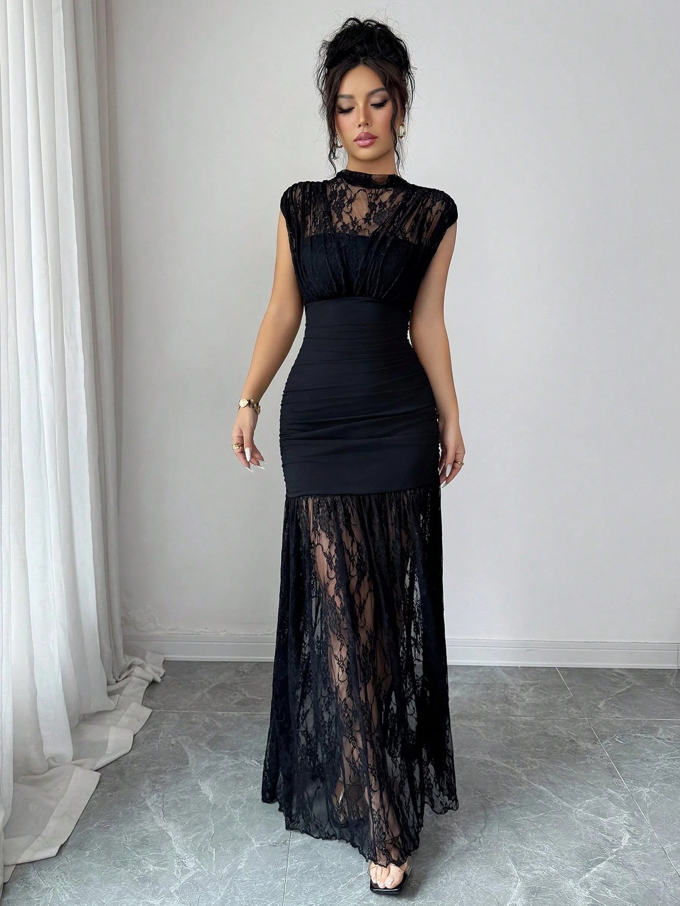 Elenzga Elegant Black Autumn Party Dress,High Collar Sleeveless Hollow Lace Patchwork Pleated A-Line Maxi Dress For Graduation,Holiday,Wedding Guest