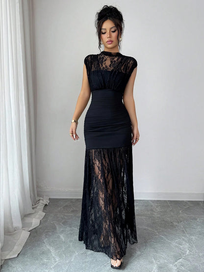 Elenzga Elegant Black Autumn Party Dress,High Collar Sleeveless Hollow Lace Patchwork Pleated A-Line Maxi Dress For Graduation,Holiday,Wedding Guest