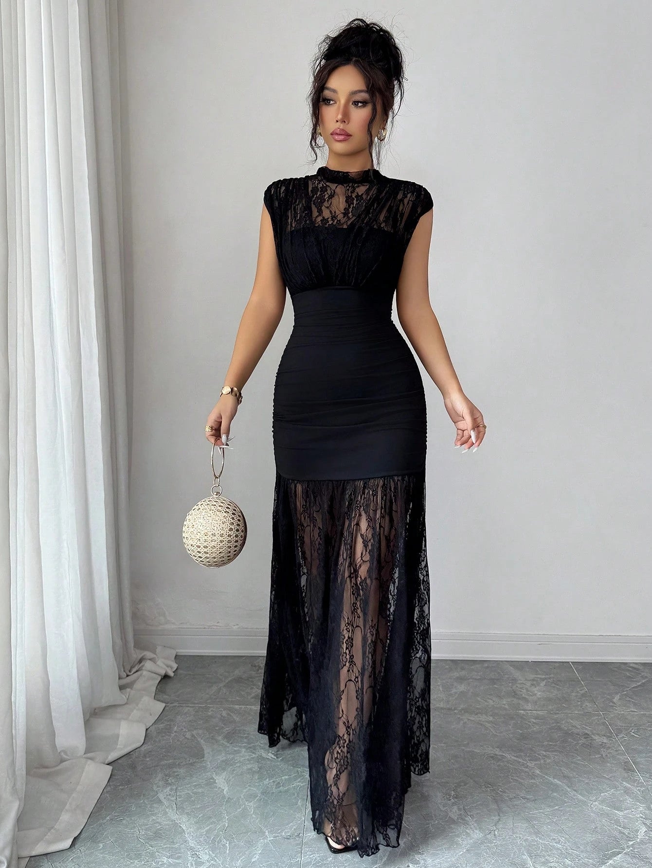 Elenzga Elegant Black Autumn Party Dress,High Collar Sleeveless Hollow Lace Patchwork Pleated A-Line Maxi Dress For Graduation,Holiday,Wedding Guest