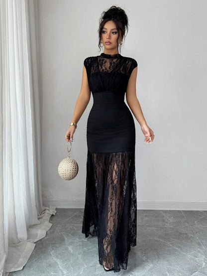 Elenzga Elegant Black Autumn Party Dress,High Collar Sleeveless Hollow Lace Patchwork Pleated A-Line Maxi Dress For Graduation,Holiday,Wedding Guest