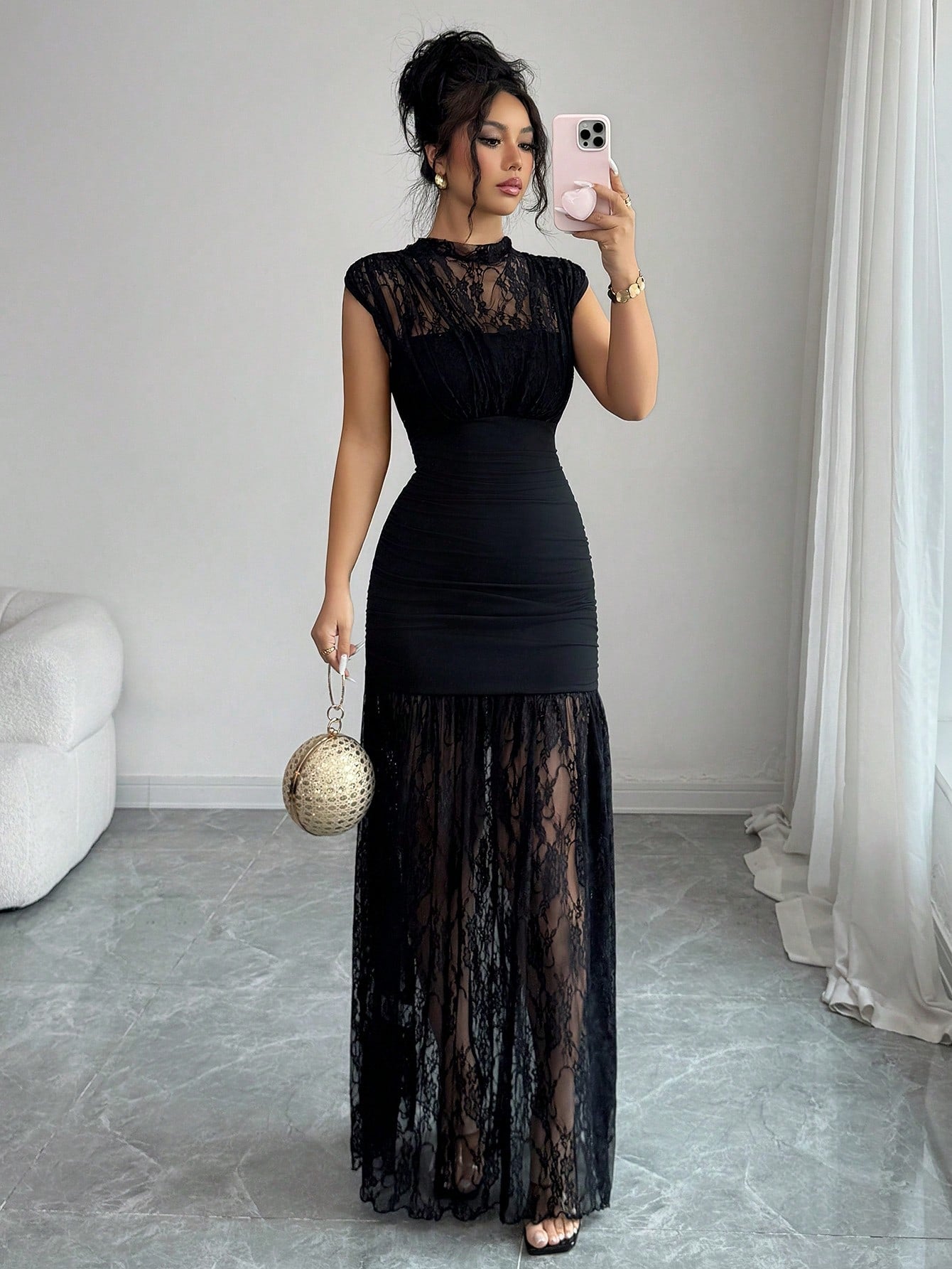 Elenzga Elegant Black Autumn Party Dress,High Collar Sleeveless Hollow Lace Patchwork Pleated A-Line Maxi Dress For Graduation,Holiday,Wedding Guest