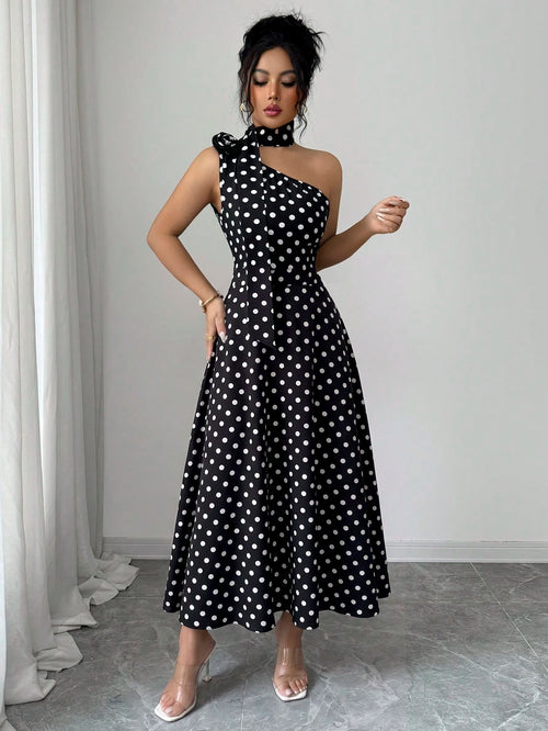 Elenzga Ladies Spring And Summer Elegant And Exquisite Black Polka Dot One-Shoulder Design Three-Dimensional Flower Design Waist Waist Full Swing Dress
