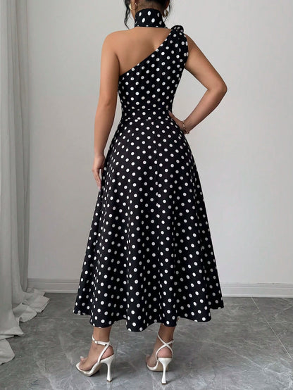 Elenzga Ladies Spring And Summer Elegant And Exquisite Black Polka Dot One-Shoulder Design Three-Dimensional Flower Design Waist Waist Full Swing Dress