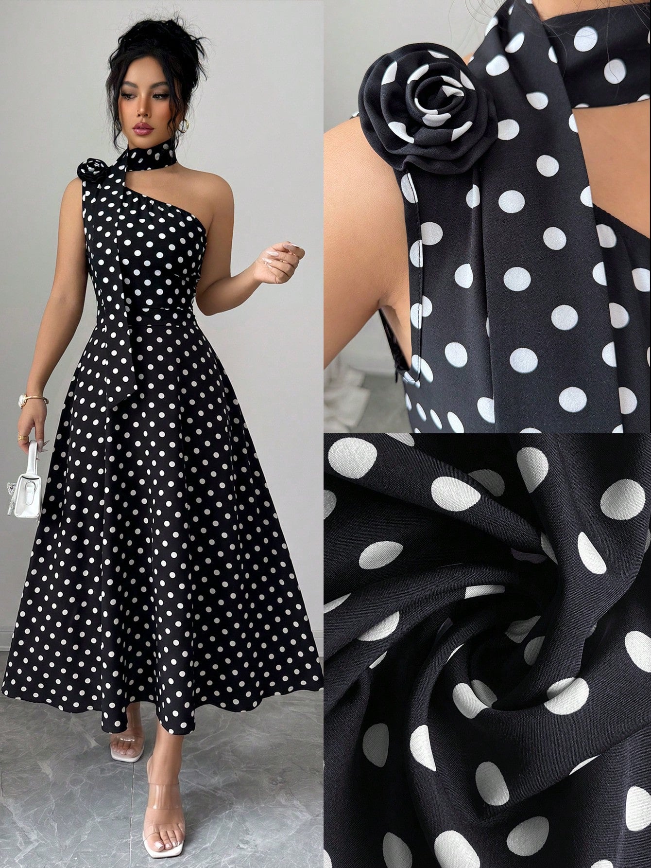 Elenzga Ladies Spring And Summer Elegant And Exquisite Black Polka Dot One-Shoulder Design Three-Dimensional Flower Design Waist Waist Full Swing Dress