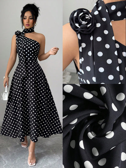Elenzga Ladies Spring And Summer Elegant And Exquisite Black Polka Dot One-Shoulder Design Three-Dimensional Flower Design Waist Waist Full Swing Dress