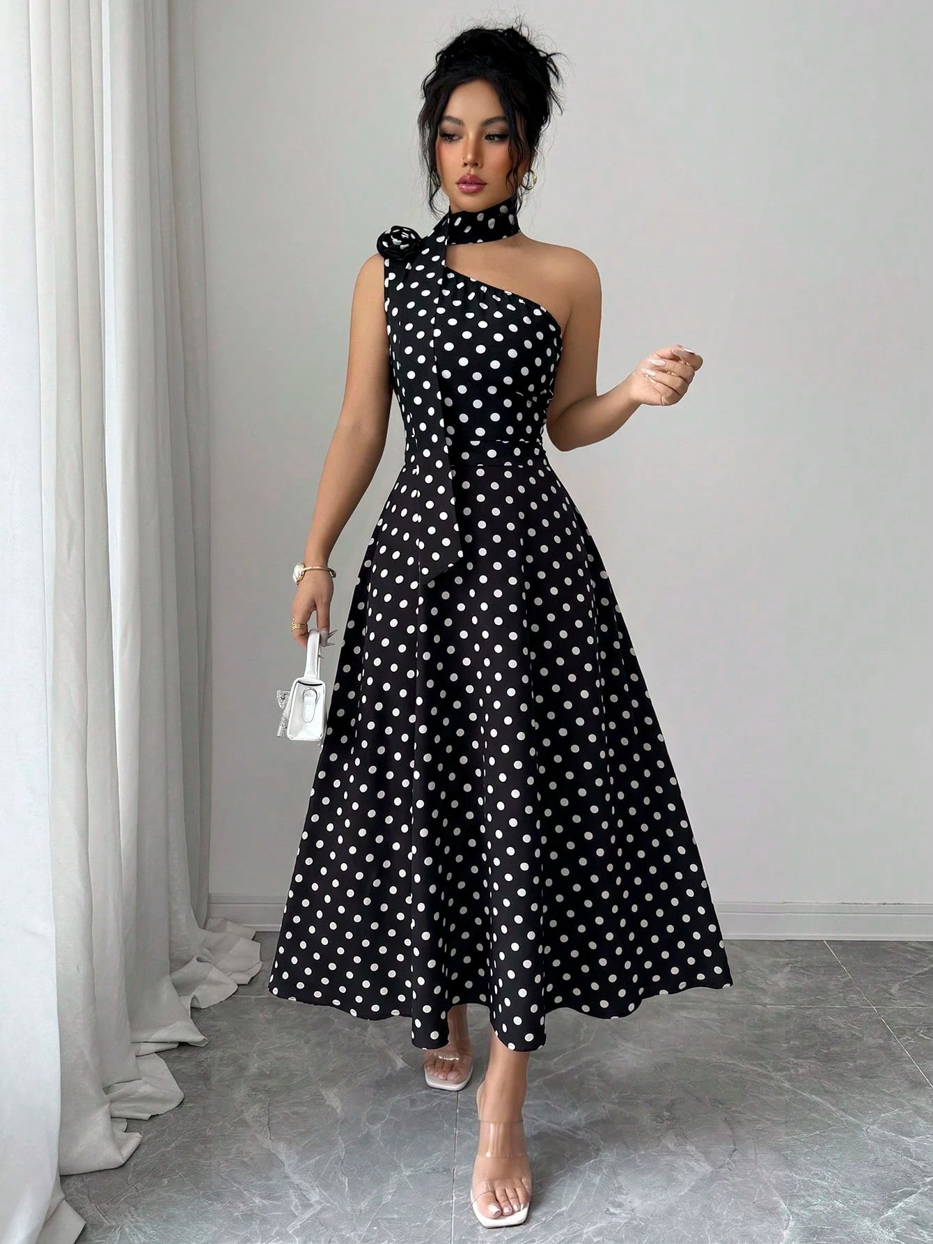 Elenzga Ladies Spring And Summer Elegant And Exquisite Black Polka Dot One-Shoulder Design Three-Dimensional Flower Design Waist Waist Full Swing Dress