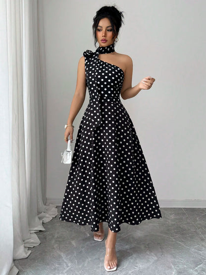 Elenzga Ladies Spring And Summer Elegant And Exquisite Black Polka Dot One-Shoulder Design Three-Dimensional Flower Design Waist Waist Full Swing Dress