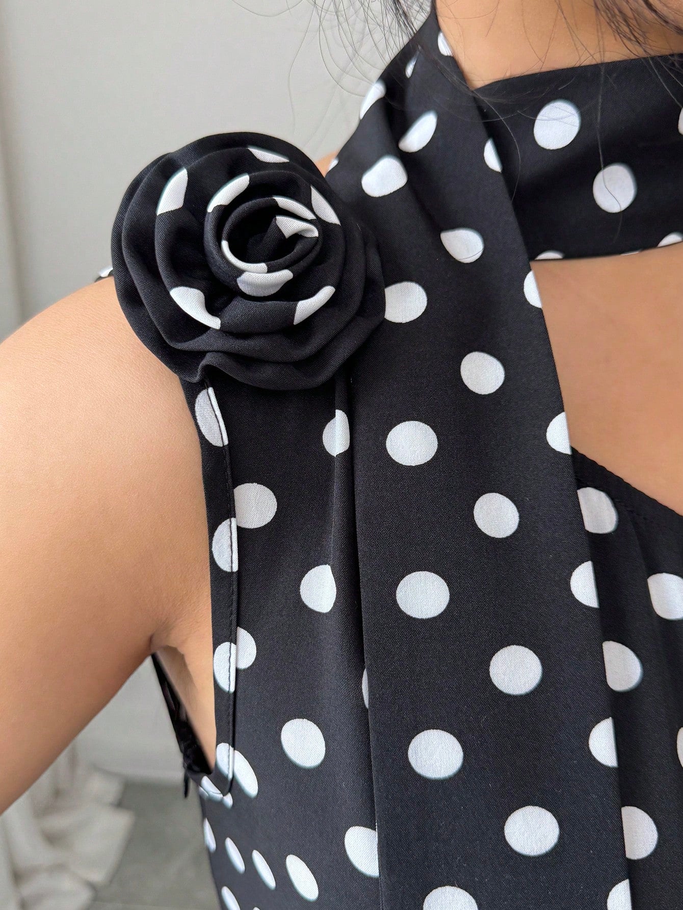 Elenzga Ladies Spring And Summer Elegant And Exquisite Black Polka Dot One-Shoulder Design Three-Dimensional Flower Design Waist Waist Full Swing Dress