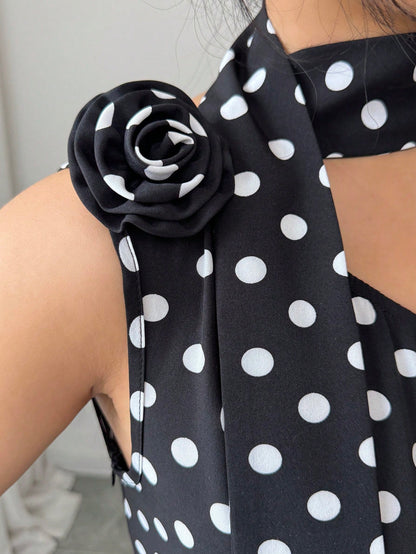 Elenzga Ladies Spring And Summer Elegant And Exquisite Black Polka Dot One-Shoulder Design Three-Dimensional Flower Design Waist Waist Full Swing Dress