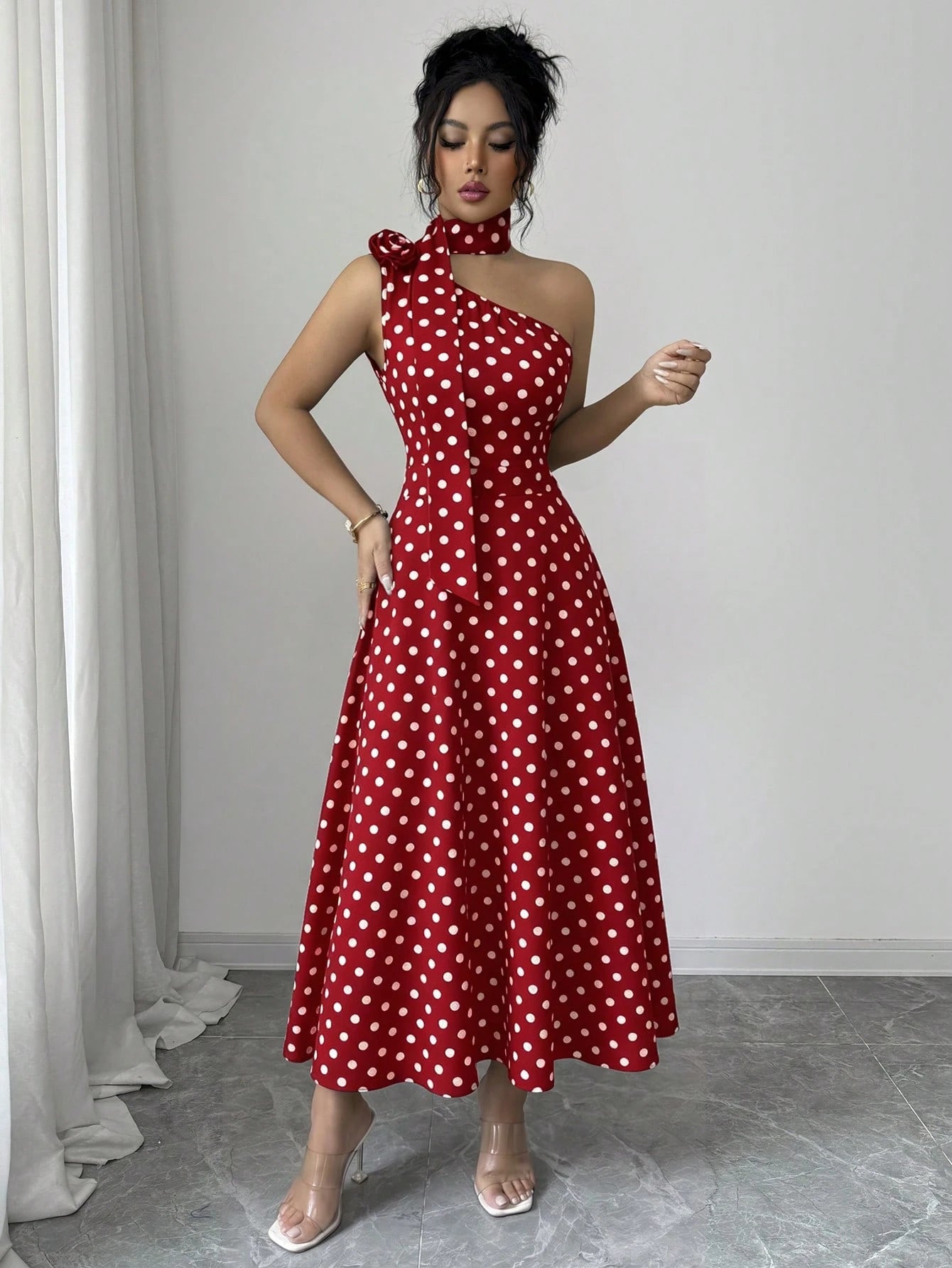 Elenzga Ladies Spring And Summer Elegant And Exquisite Black Polka Dot One-Shoulder Design Three-Dimensional Flower Design Waist Waist Full Swing Dress