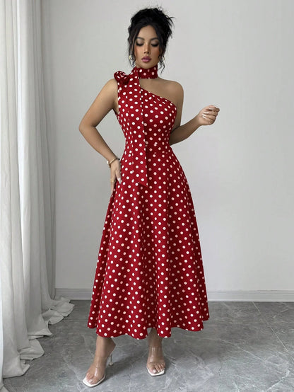 Elenzga Ladies Spring And Summer Elegant And Exquisite Black Polka Dot One-Shoulder Design Three-Dimensional Flower Design Waist Waist Full Swing Dress