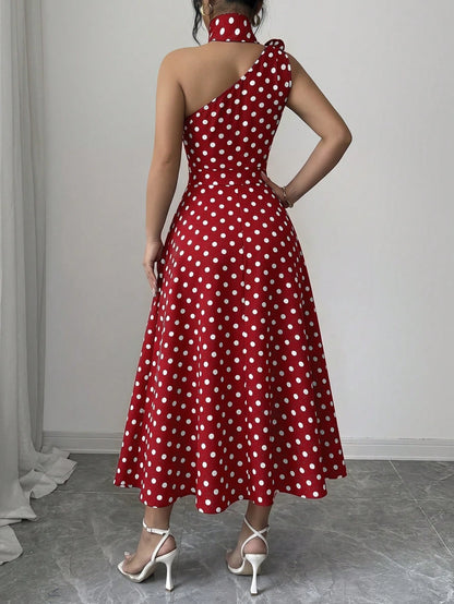 Elenzga Ladies Spring And Summer Elegant And Exquisite Black Polka Dot One-Shoulder Design Three-Dimensional Flower Design Waist Waist Full Swing Dress