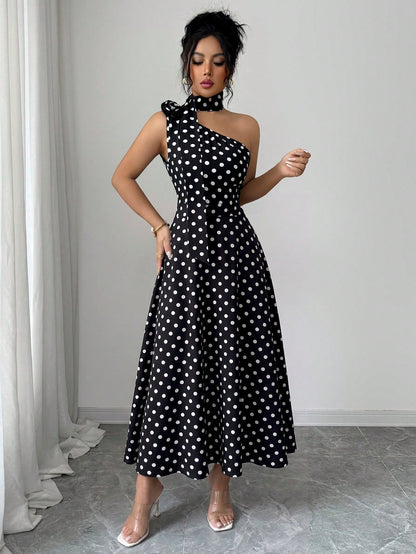 Elenzga Ladies Spring And Summer Elegant And Exquisite Black Polka Dot One-Shoulder Design Three-Dimensional Flower Design Waist Waist Full Swing Dress