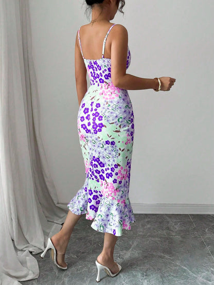 Elenzga New Colorful Floral Sexy French Graceful Summer Holiday Beach Dress With Cinched Waist, Ruffle Trim And Comfortable Straps