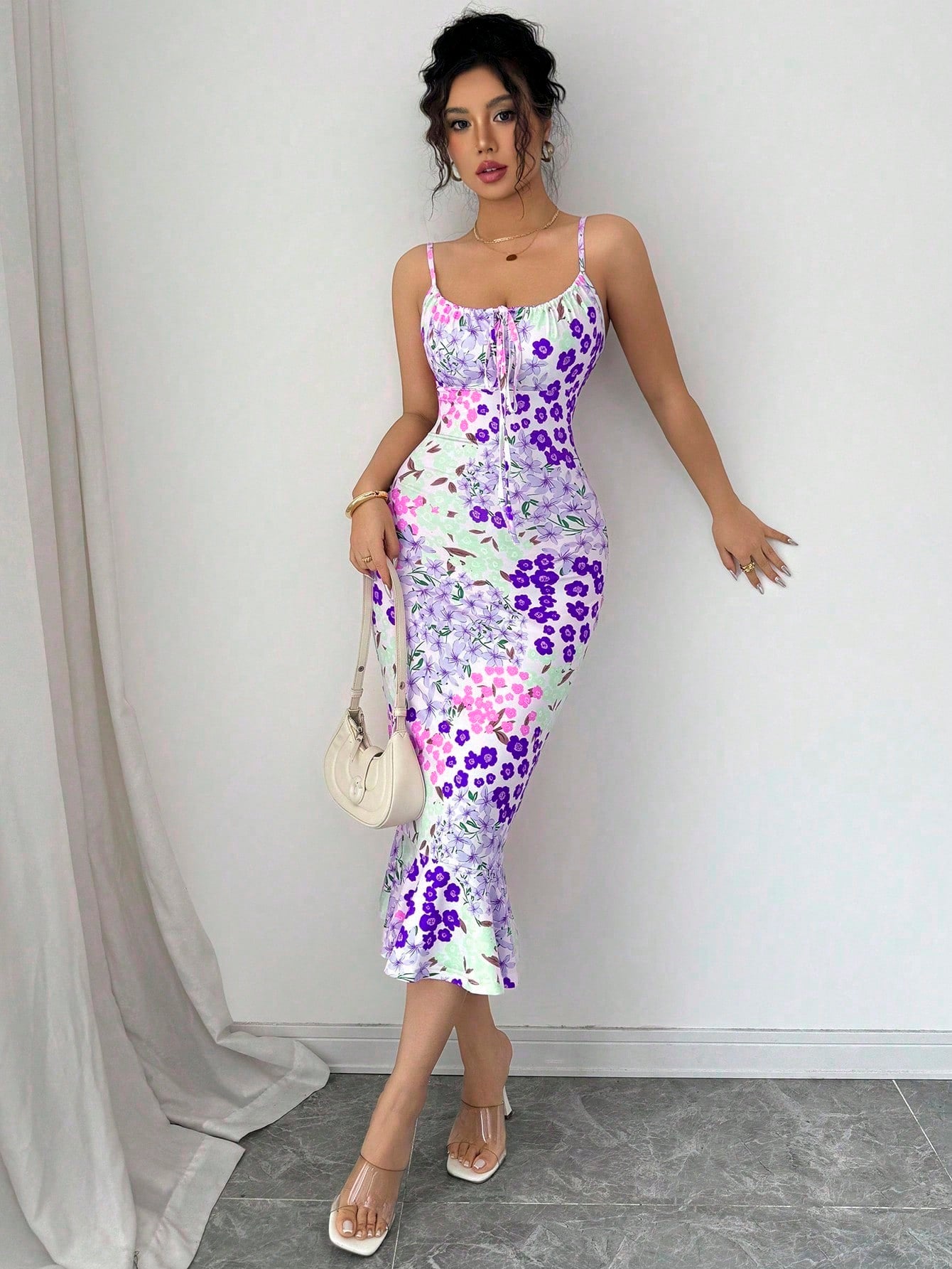 Elenzga New Colorful Floral Sexy French Graceful Summer Holiday Beach Dress With Cinched Waist, Ruffle Trim And Comfortable Straps