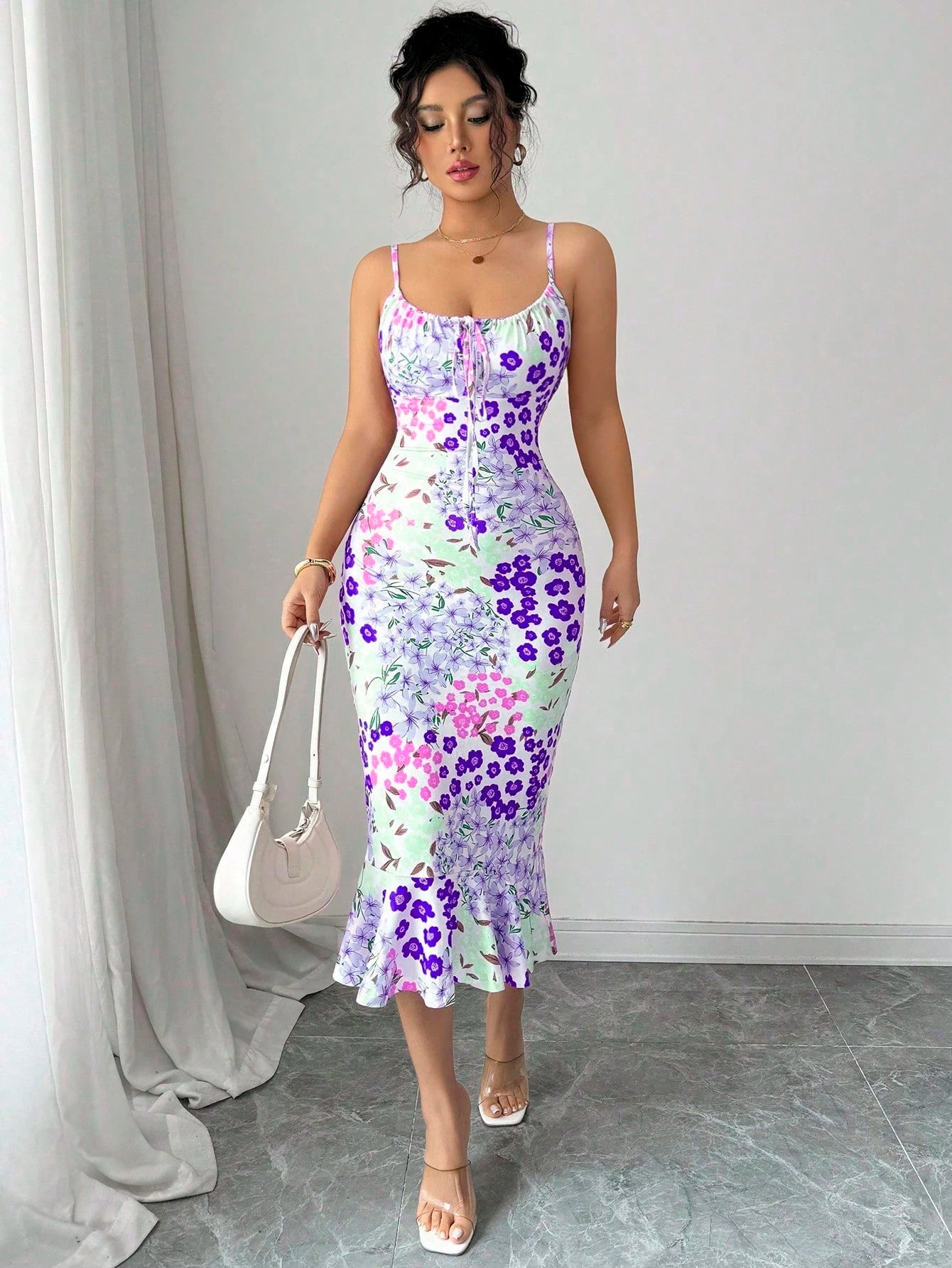 Elenzga New Colorful Floral Sexy French Graceful Summer Holiday Beach Dress With Cinched Waist, Ruffle Trim And Comfortable Straps