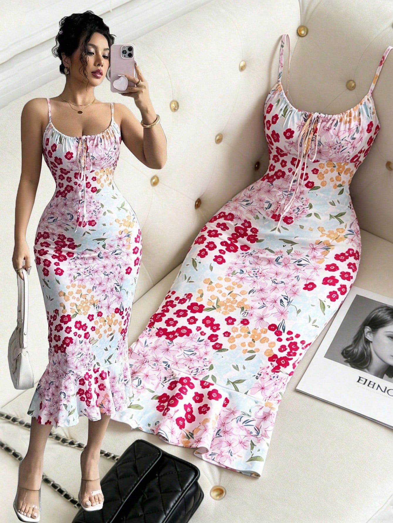 Elenzga New Colorful Floral Sexy French Graceful Summer Holiday Beach Dress With Cinched Waist, Ruffle Trim And Comfortable Straps