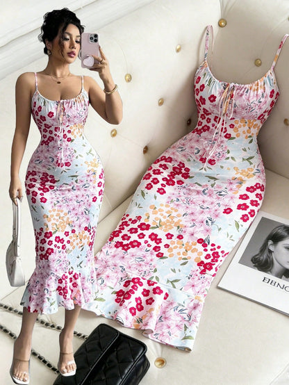Elenzga New Colorful Floral Sexy French Graceful Summer Holiday Beach Dress With Cinched Waist, Ruffle Trim And Comfortable Straps