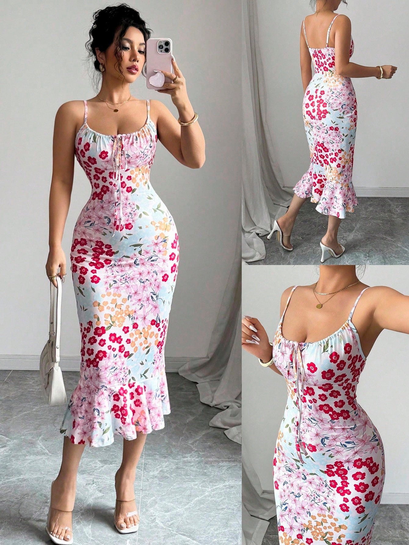 Elenzga New Colorful Floral Sexy French Graceful Summer Holiday Beach Dress With Cinched Waist, Ruffle Trim And Comfortable Straps