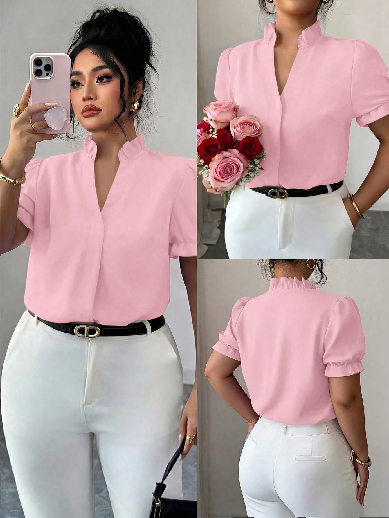 Elenzga Plus Size Premium Elegant Commuter Solid Color Turn Collar Blouse