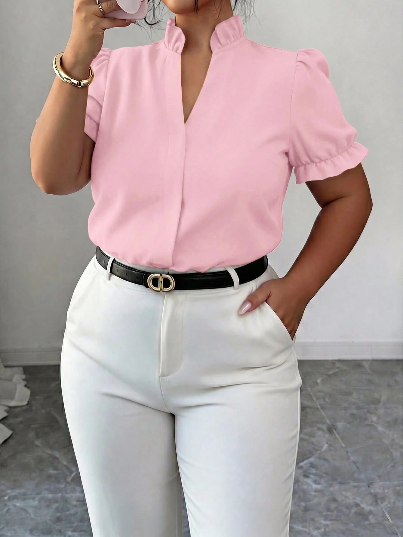 Elenzga Plus Size Premium Elegant Commuter Solid Color Turn Collar Blouse