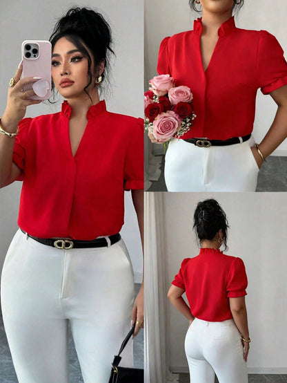 Elenzga Plus Size Premium Elegant Commuter Solid Color Turn Collar Blouse