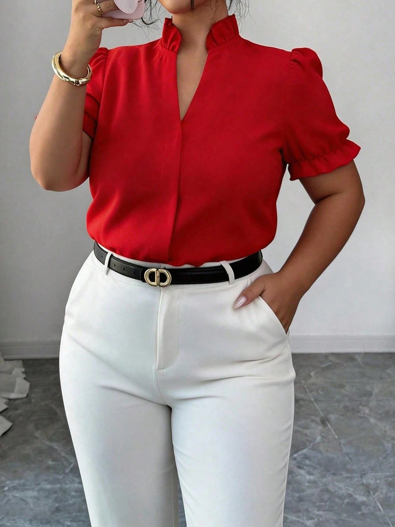 Elenzga Plus Size Premium Elegant Commuter Solid Color Turn Collar Blouse