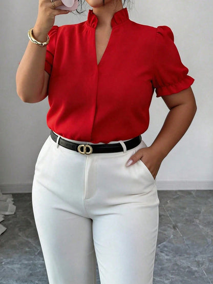 Elenzga Plus Size Premium Elegant Commuter Solid Color Turn Collar Blouse