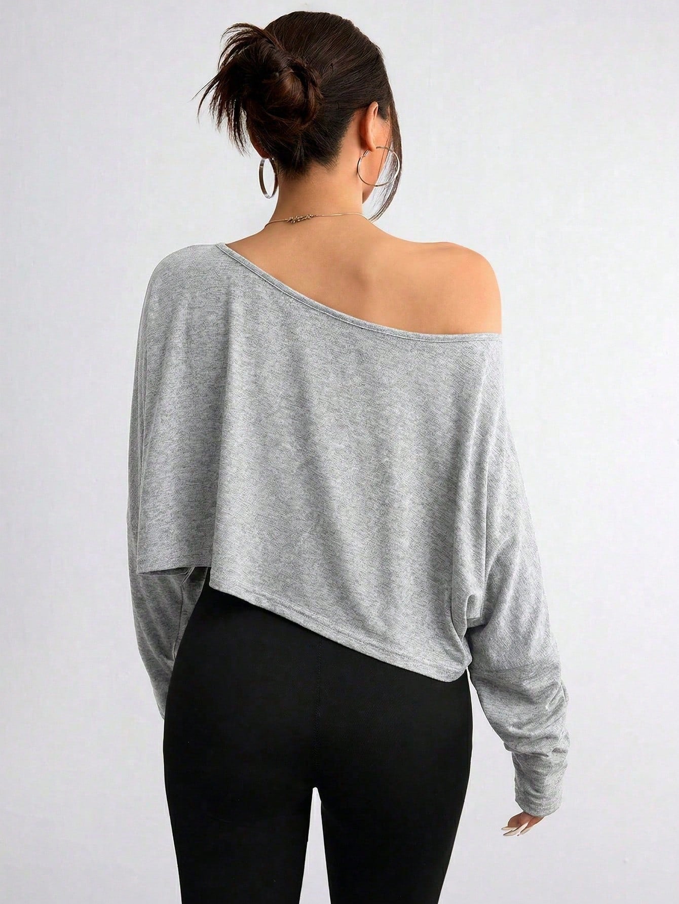 Elenzga Plus Size Women's Asymmetric Collar Long Sleeve Cropped Casual T-Shirt, Solid Color, Autumn Fall