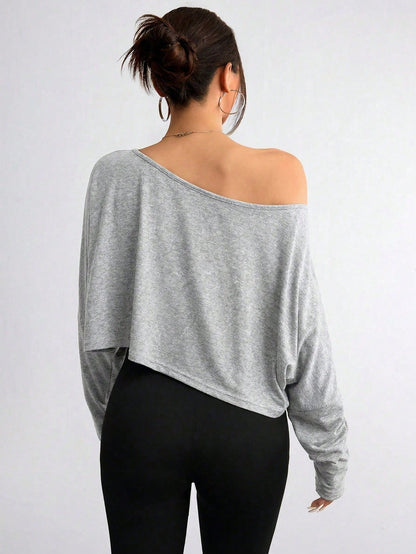 Elenzga Plus Size Women's Asymmetric Collar Long Sleeve Cropped Casual T-Shirt, Solid Color, Autumn Fall