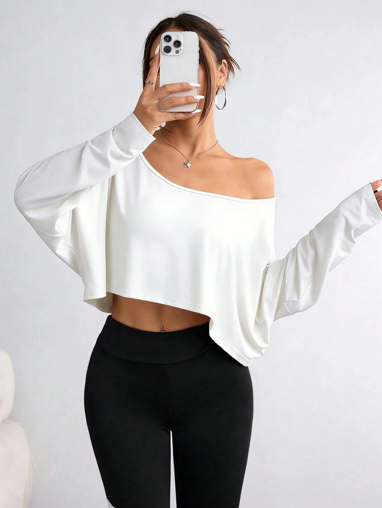 Elenzga Plus Size Women's Asymmetric Collar Long Sleeve Cropped Casual T-Shirt, Solid Color, Autumn Fall